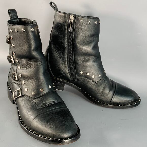 JIMMY CHOO Size 7.5 Black Leather Studded Belted Side Zipper Ankle Boots - Picture 1 of 9